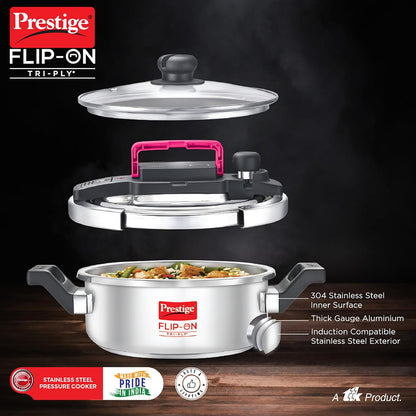 Prestige Flip Triply Pressure Cooker | Glass Lid | Deep Lid | 3 Litre |