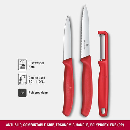 Victorinox Swiss Made Stainless Steel Swiss Classic Paring Knife | 8,10 cm | I-Peeler Set 3 Pcs | Red |