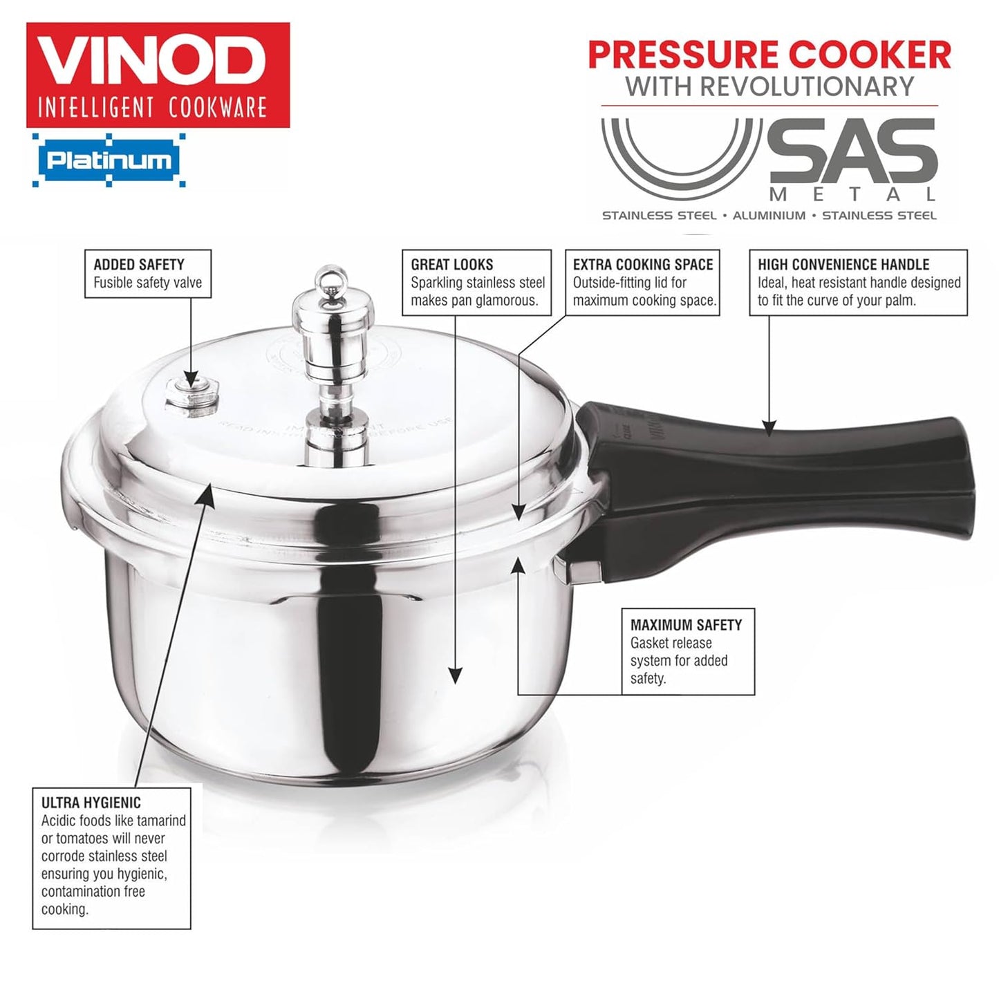 Vinod Platinum Triply Stainless Steel Pressure Cooker | 5 Litre |  Outer Lid | Medium Sized Families |