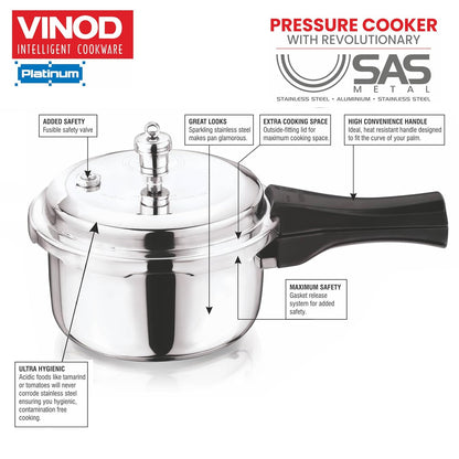 Vinod Platinum Triply Stainless Steel Pressure Cooker | 5 Litre |  Outer Lid | Medium Sized Families |