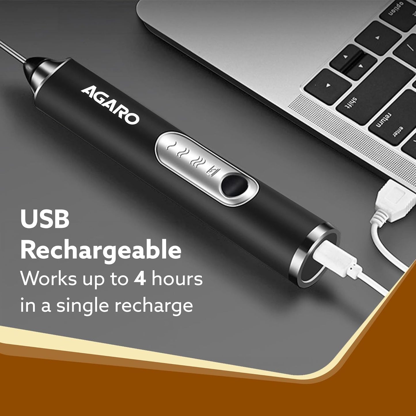 Agaro Royal Stainless Steel Milk Frother | 3 Speed | Rechargeable |