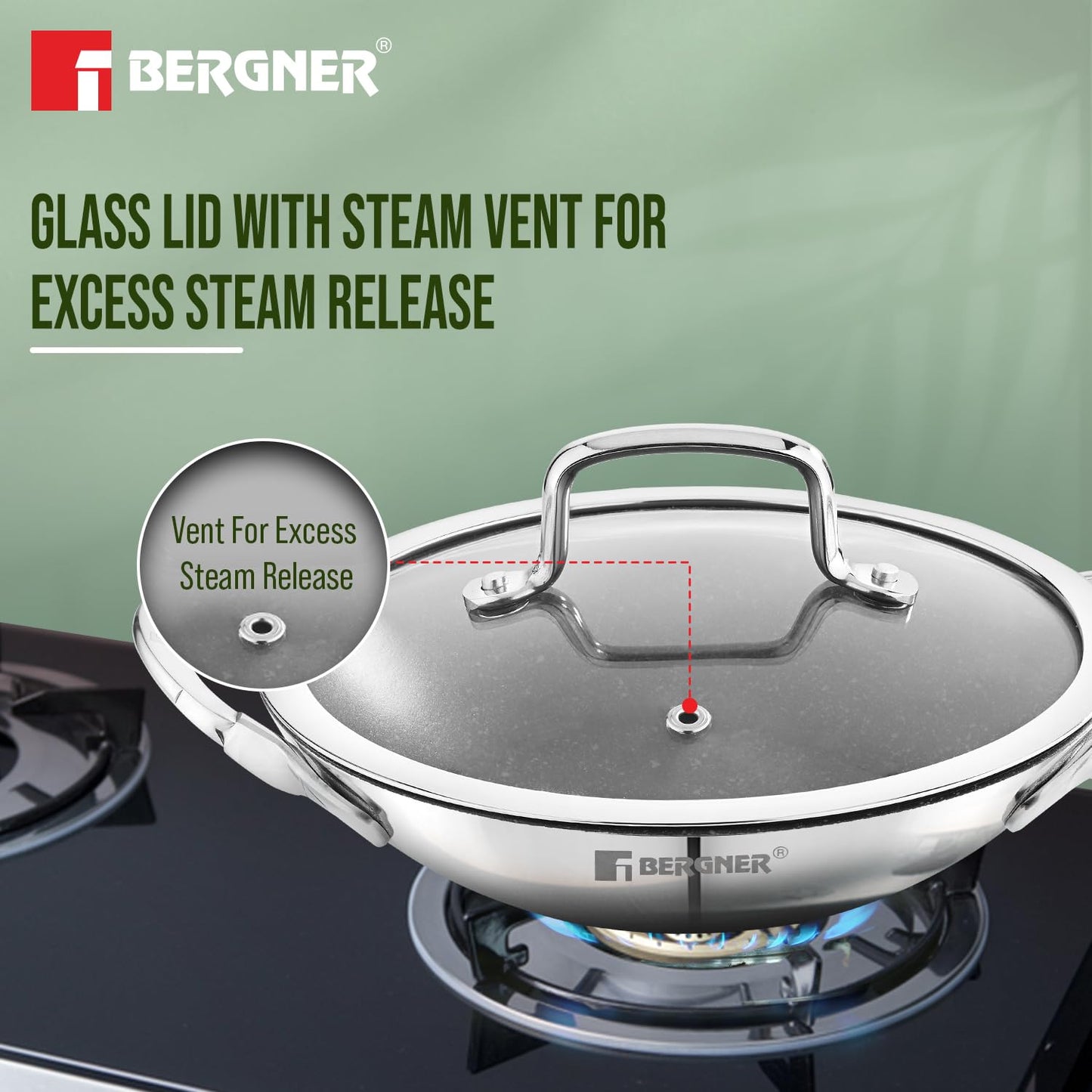 Bergner Argent Samsara Triply Non-Stick Appachetty with Glass Lid | 21 cm | Healthy Cooking |
