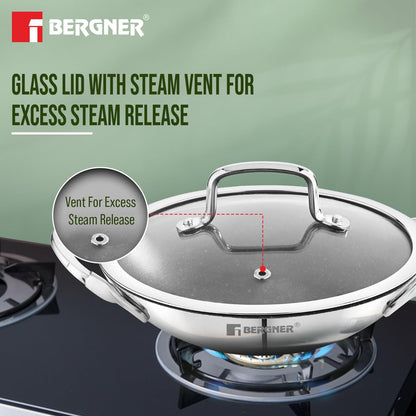 Bergner Argent Samsara Triply Non-Stick Appachetty with Glass Lid | 21 cm | Healthy Cooking |