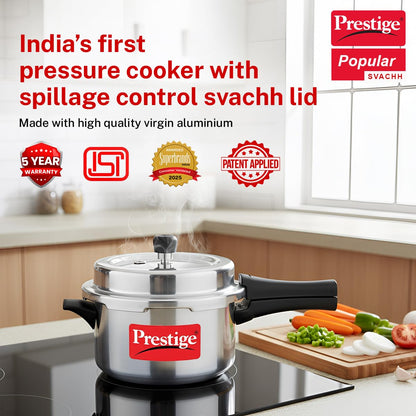 Prestige Popular Aluminium Pressure Cooker | 4 Litre | Deep Lid for Spillage |