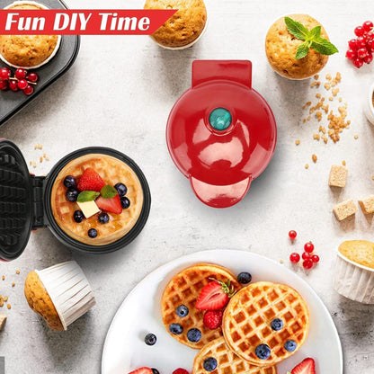 Mini Waffle Maker | Non-Stick | Double Sided Heating Plates | Red |