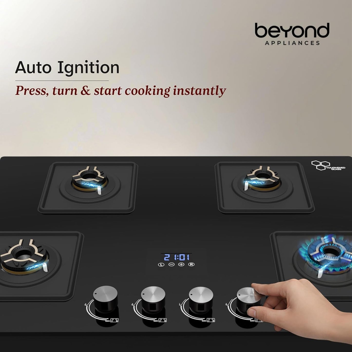 Beyond Appliances Solaria 4 Burner Smart Gas Stove | Auto Ignition| Digital Timer & Flame Failure Device | Full Brass Burners | Toughened Glass | ISI Certified |