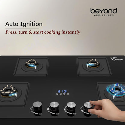 Beyond Appliances Solaria 4 Burner Smart Gas Stove | Auto Ignition| Digital Timer & Flame Failure Device | Full Brass Burners | Toughened Glass | ISI Certified |