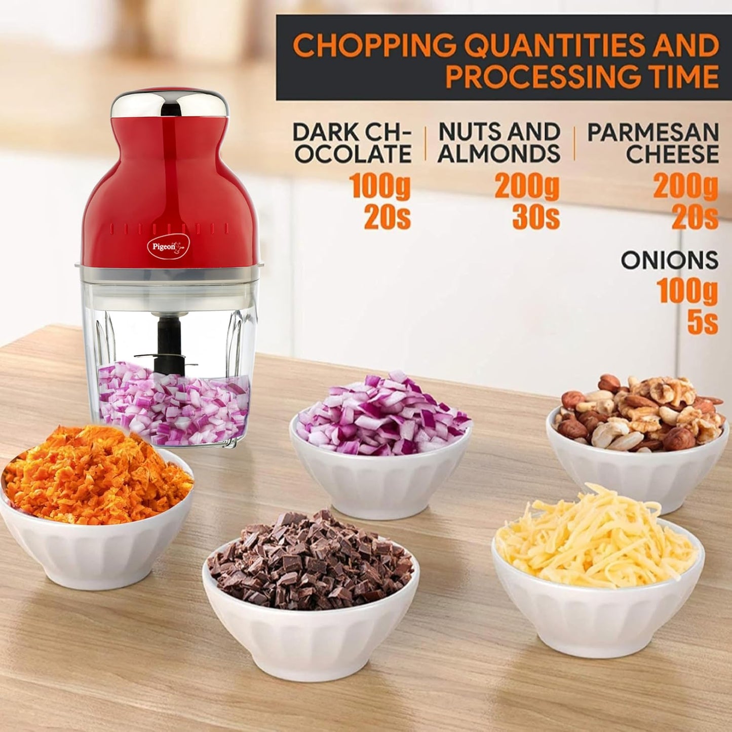 Pigeon Rapid Electric Chopper | Portable with 3 Stainless Steel Blades | Maroon | 300 Watts |