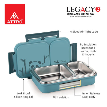 Attro Legacy Stainless Steel 2 Compartment Lunch Box | Blue | Dishwasher Safe |