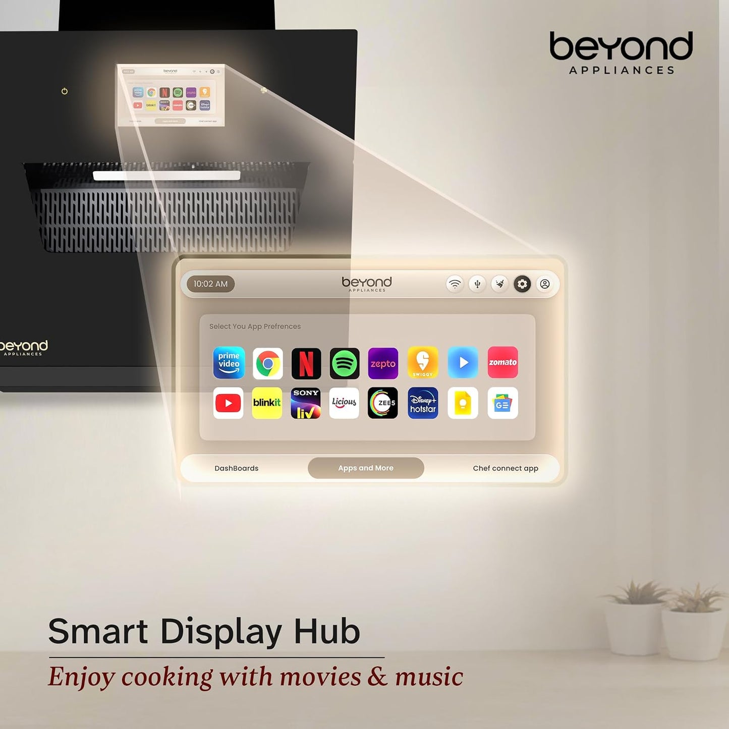 Beyond Appliances Eris BLDC Kitchen Chimney | 1800 CMH Suction | Auto Clean | Filterless | Smart Touchscreen