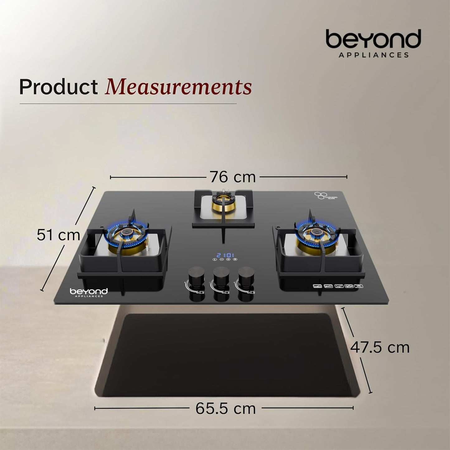 Beyond Appliances Dorado 3 Burner Smart Glass Hobtop Gas Stove | Auto Ignition | Digital Timer |