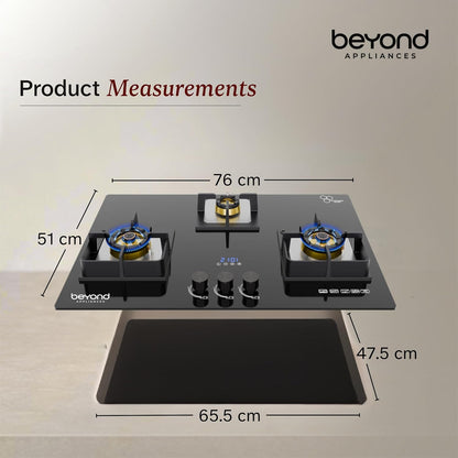 Beyond Appliances Dorado 3 Burner Smart Glass Hobtop Gas Stove | Auto Ignition | Digital Timer |