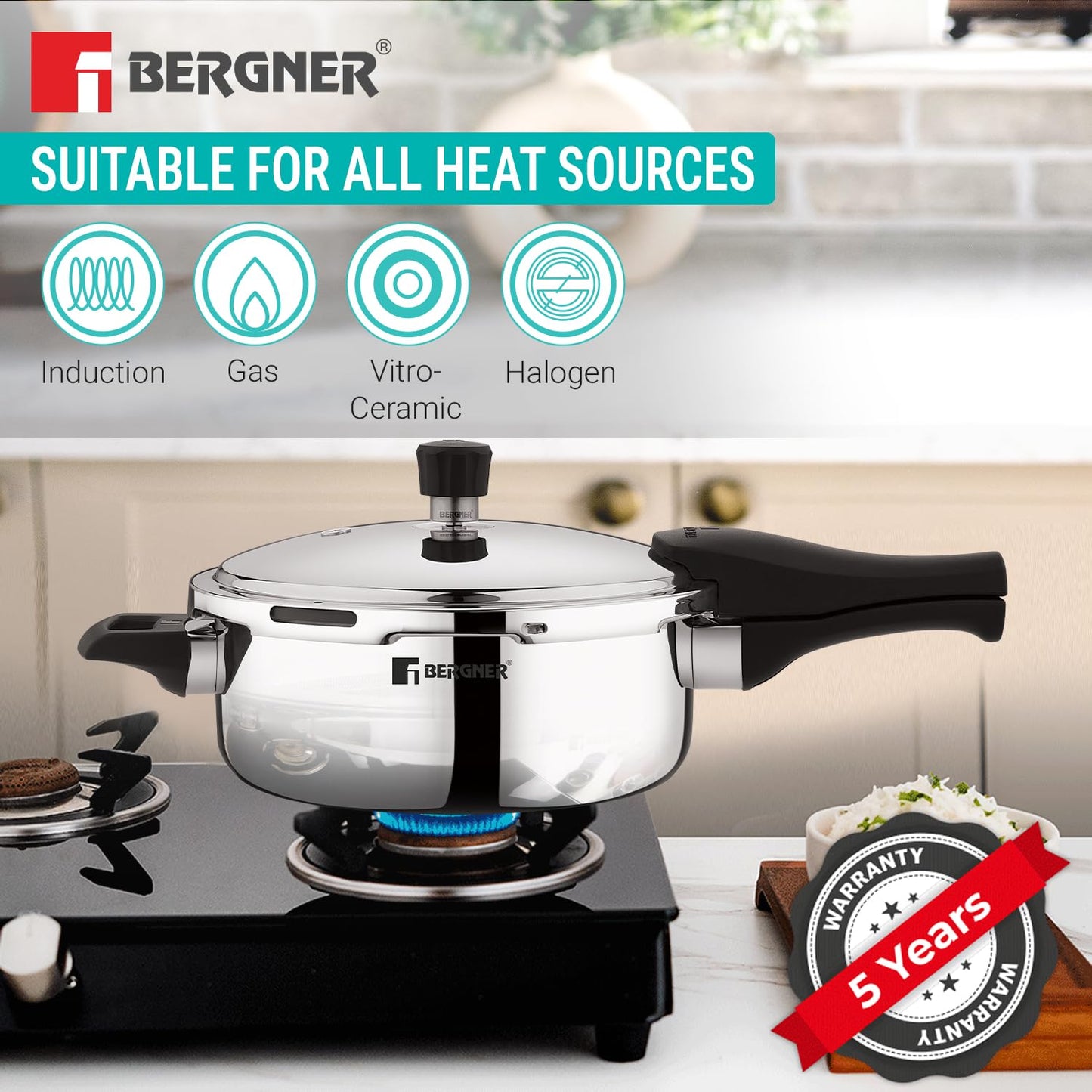Bergner Trimax Stainless Steel Pressure Cooker | 3 Litre | Easy Locking |