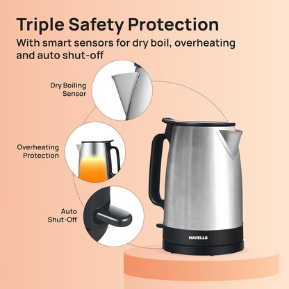 Havells Vesta Electric Kettle | Large 1.7L | 2000 Watts | 360° Cordless Control |