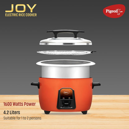 Pigeon Joy Rice Cooker | Single Pot | Orange | 4.2 litres | Stainless Steel Lid | Measuring Cup | Spatula |