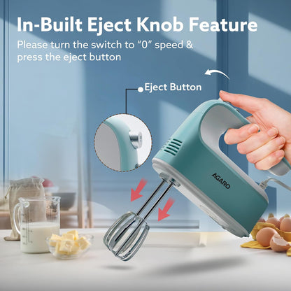 Agaro Regency 300W Hand Mixer | 5 speed | Beater & Dough Hooks | Sea Green |