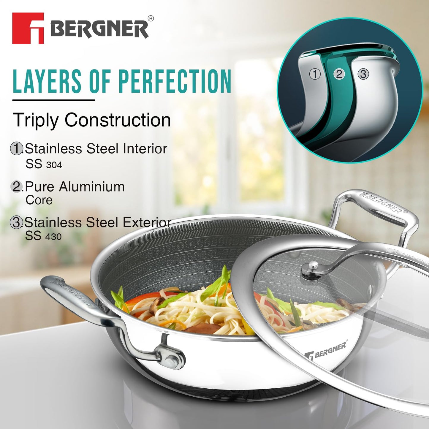 Bergner Hi-Tech Grio X Ceramic Kadai with Glass Lid | 20 cm | 1.5 Litres | Metal Spatula Safe |