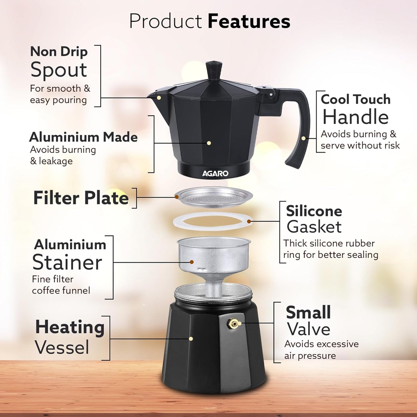 AGARO Classic Moka Pot, Espresso Coffee Maker | 240 ml | Black |