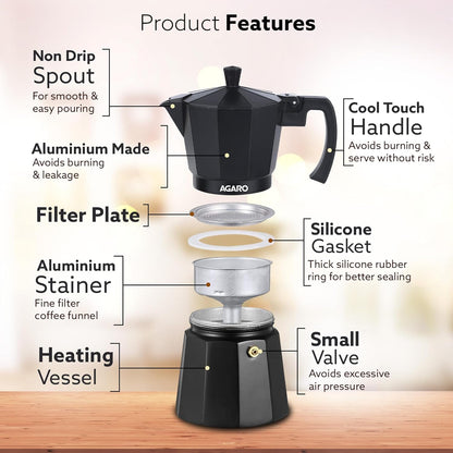 AGARO Classic Moka Pot, Espresso Coffee Maker | 240 ml | Black |
