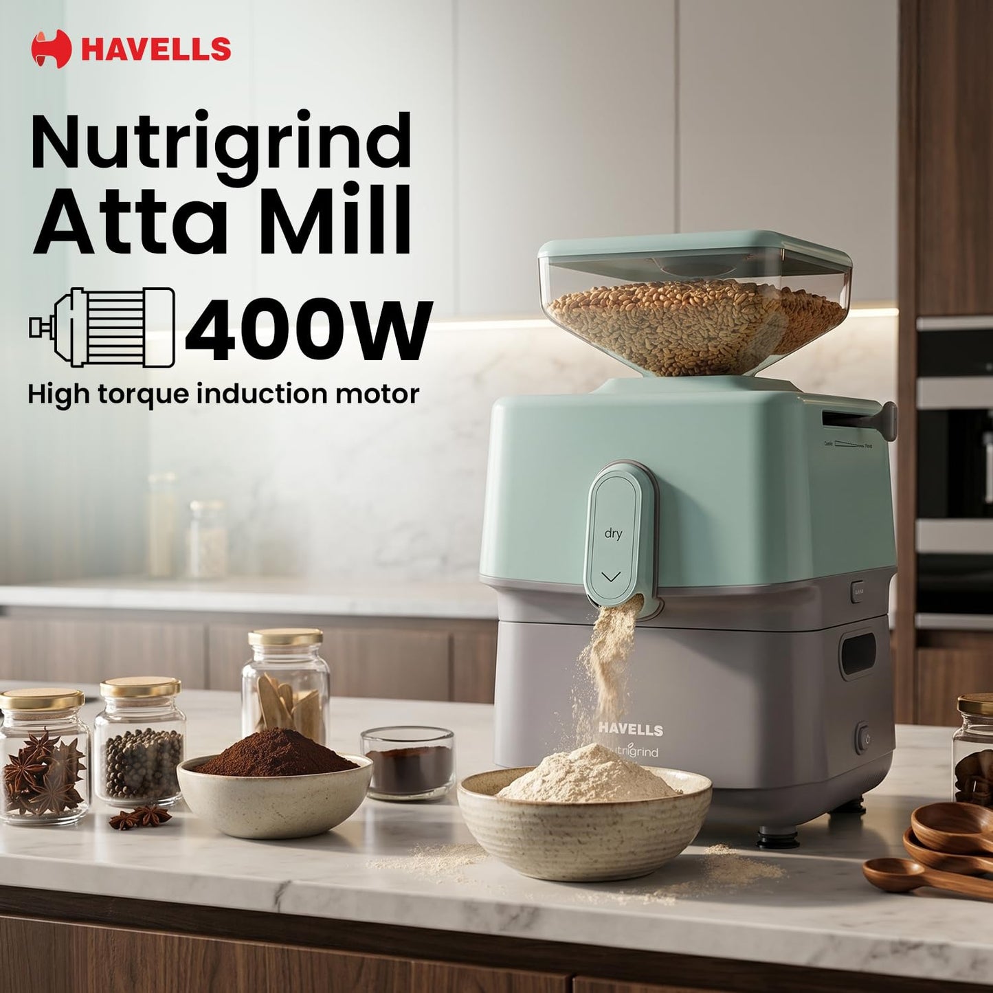 Havells Nutri Grind Atta Mill | 400W | High Torque Induction Motor | Slow Speed Grinding