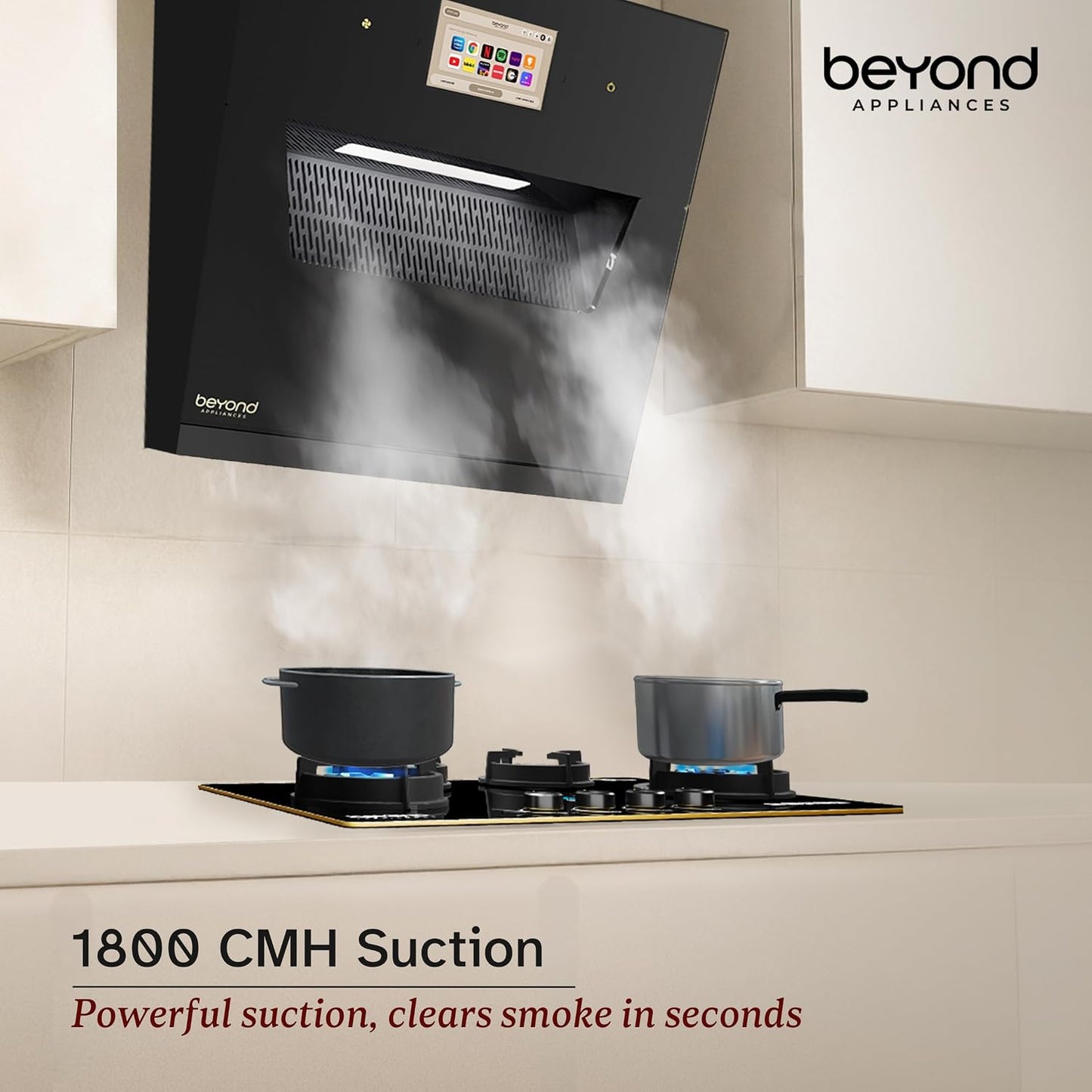 Beyond Appliances Eris BLDC Kitchen Chimney | 1800 CMH Suction | Auto Clean | Filterless | Smart Touchscreen