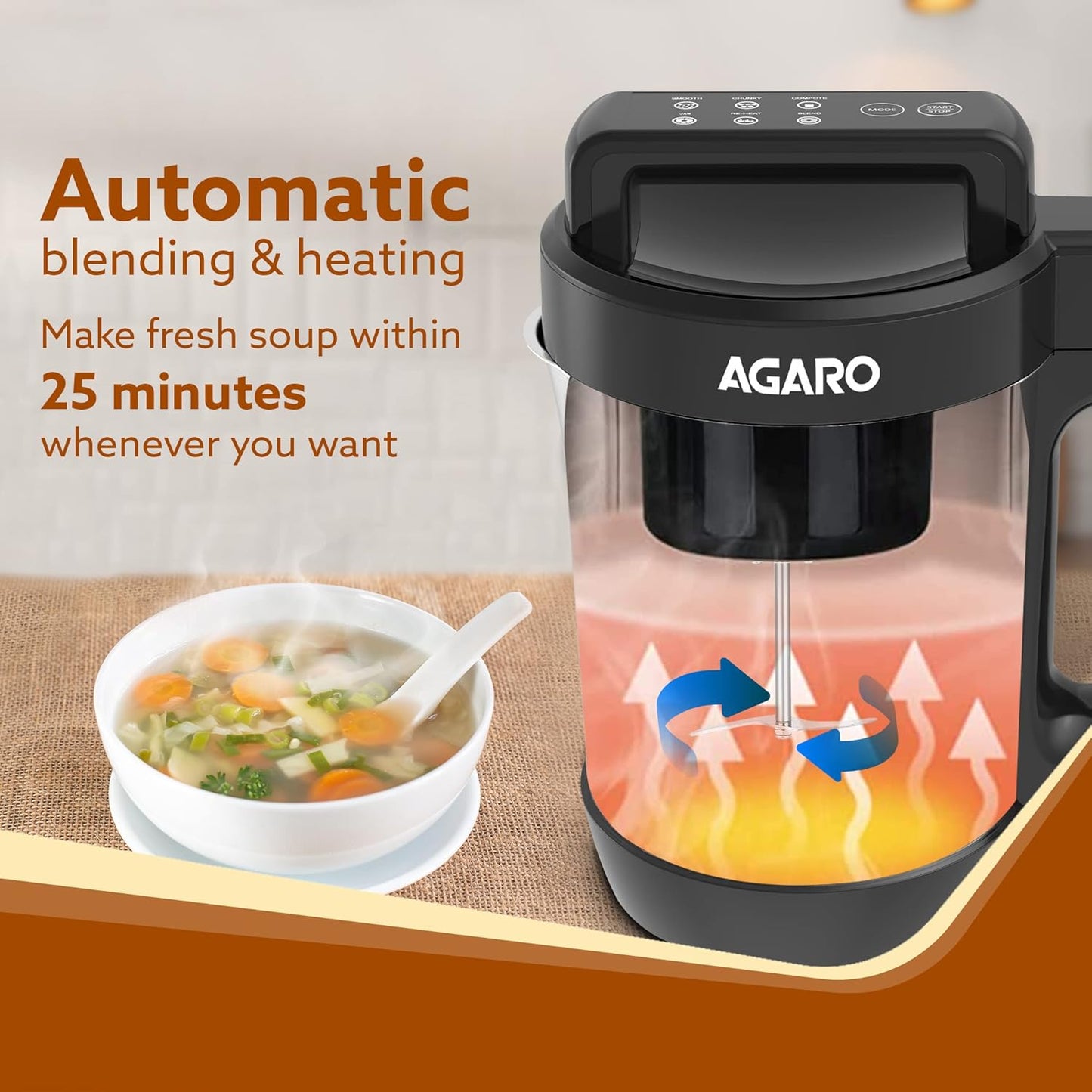 AgarElite Soup Maker | 1L | SS Blades | Grey | 6 Preset Cooking Functions |