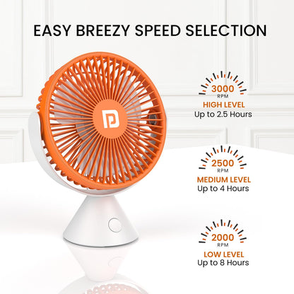 Portronics Aero Breeze Portable Table Fan | 360° Rotation | White | USB Rechargeable Fan | 3 Speed |