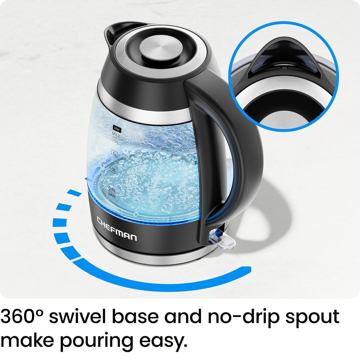 Chefman Electric Kettle | 1.8L | 1500W | Fast Boil Hot Water Kettle |