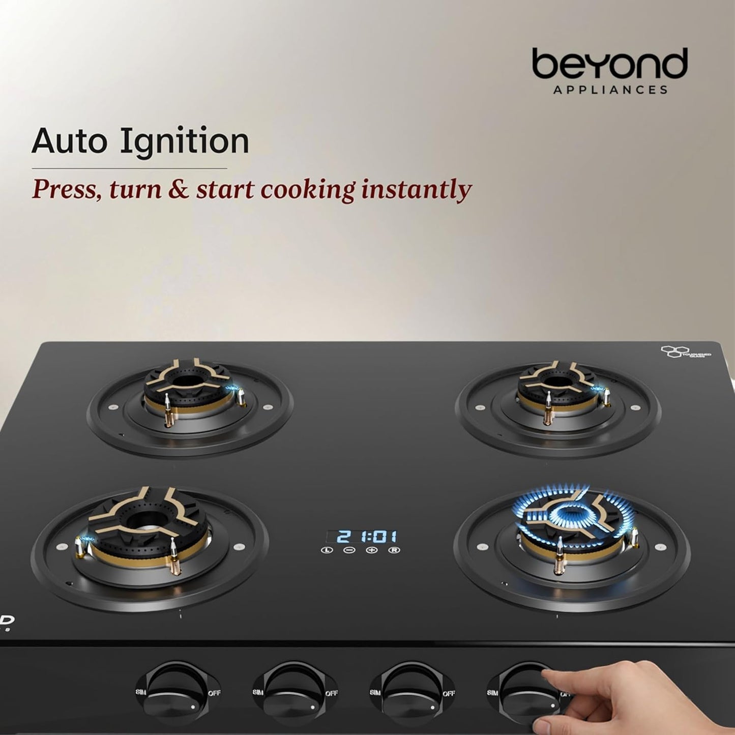Beyond Appliances Auriga Pro 4-Burner | Auto Ignition | Smart Digital Timer | 5D Full Brass Burners |