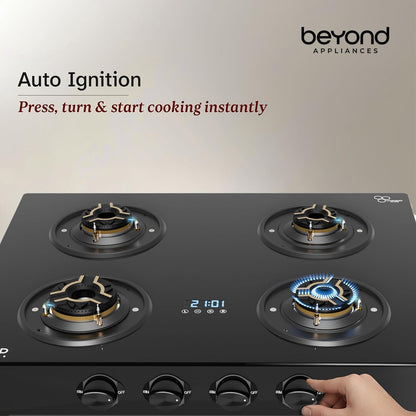 Beyond Appliances Auriga Pro 4-Burner | Auto Ignition | Smart Digital Timer | 5D Full Brass Burners |