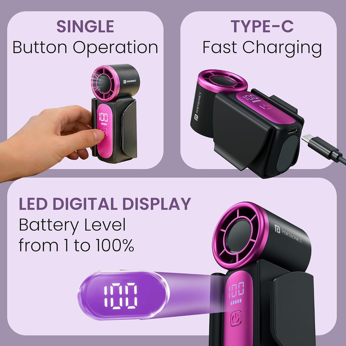 Portronics Toofan Nano Rechargeable Handheld Mini Fan | 3000mAh Battery | 18000 RPM | 5 Speed Modes | LED Display |