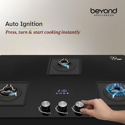 Beyond Appliances Solaria 3 Burner Smart Gas Stove | Auto Ignition| Digital Timer & Flame Failure Device | Full Brass Burners | Toughened Glass | ISI Certified |