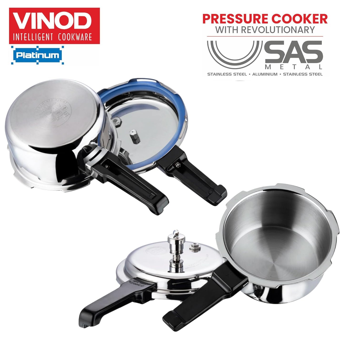 Vinod Platinum Triply Stainless Steel Pressure Cooker  | 7 Litre | Outer Lid |