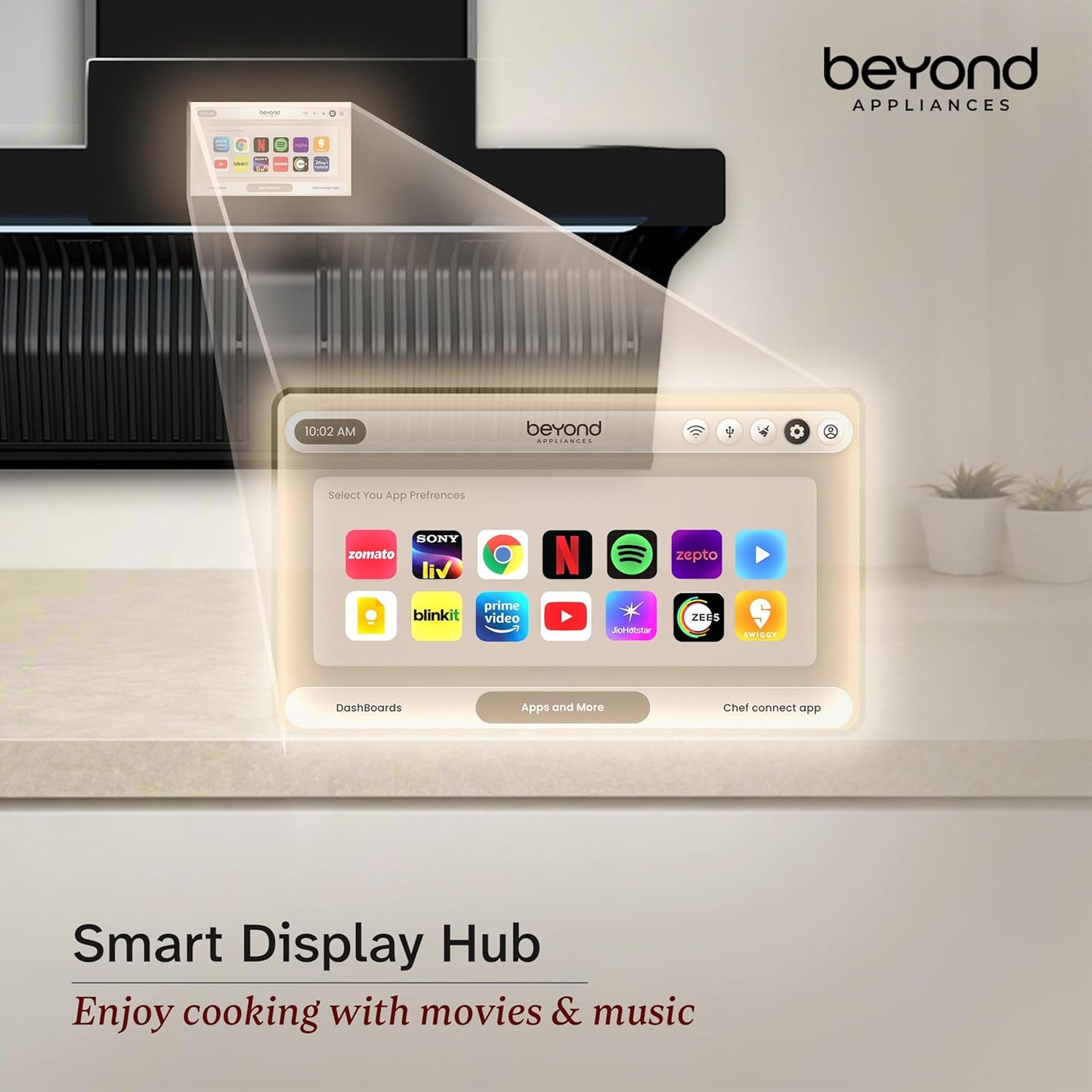 Beyond Orion Auto Clean Kitchen Chimney | 1600 CMH Suction | Filterless | Smart Touchscreen Display & Speaker |