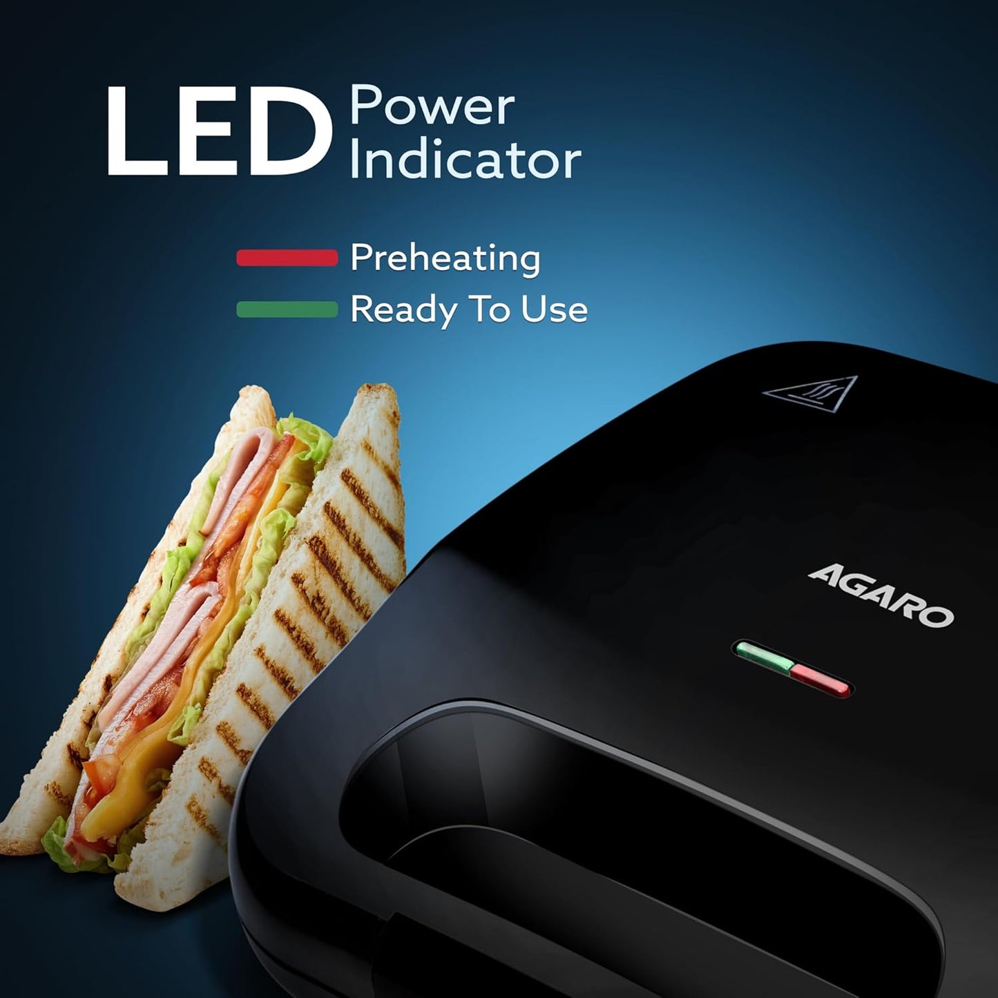 Agaro Primo Sandwich Maker | 750W | Non-Stick Grill Plates | Black |