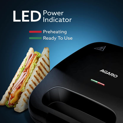 Agaro Primo Sandwich Maker | 750W | Non-Stick Grill Plates | Black |