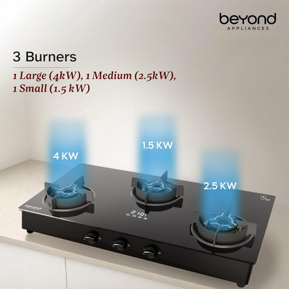 Beyond Appliances Auriga Pro 3-Burner  Auto Ignition | Smart Digital Timer | 5D Full Brass Burners |