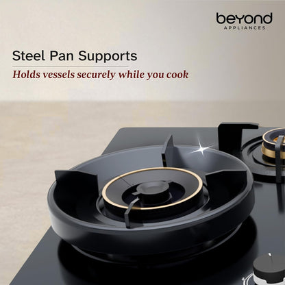 Beyond Appliances Zyra 4 Burner Smart Glass Hobtop Gas Stove | Full Brass Burner I Auto Ignition | Digital Timer | Flame Failure Device |