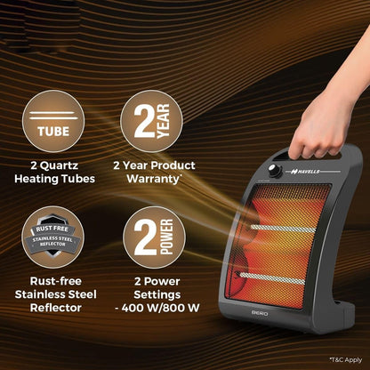 Havells Bero Quartz Heater | Black | 800 watt | 2 Heat Settings |