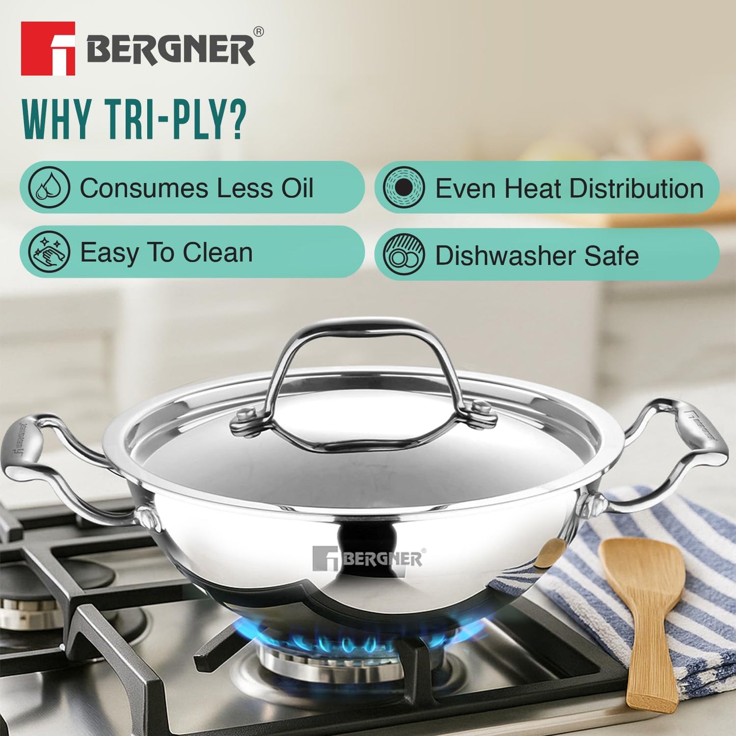 Bergner Argent Kadai with Stainless Steel Lid | 22 cm | 2 L | Even and Faster Heating |
