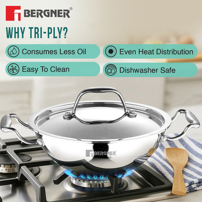 Bergner Argent Kadai with Stainless Steel Lid | 22 cm | 2 L | Even and Faster Heating |