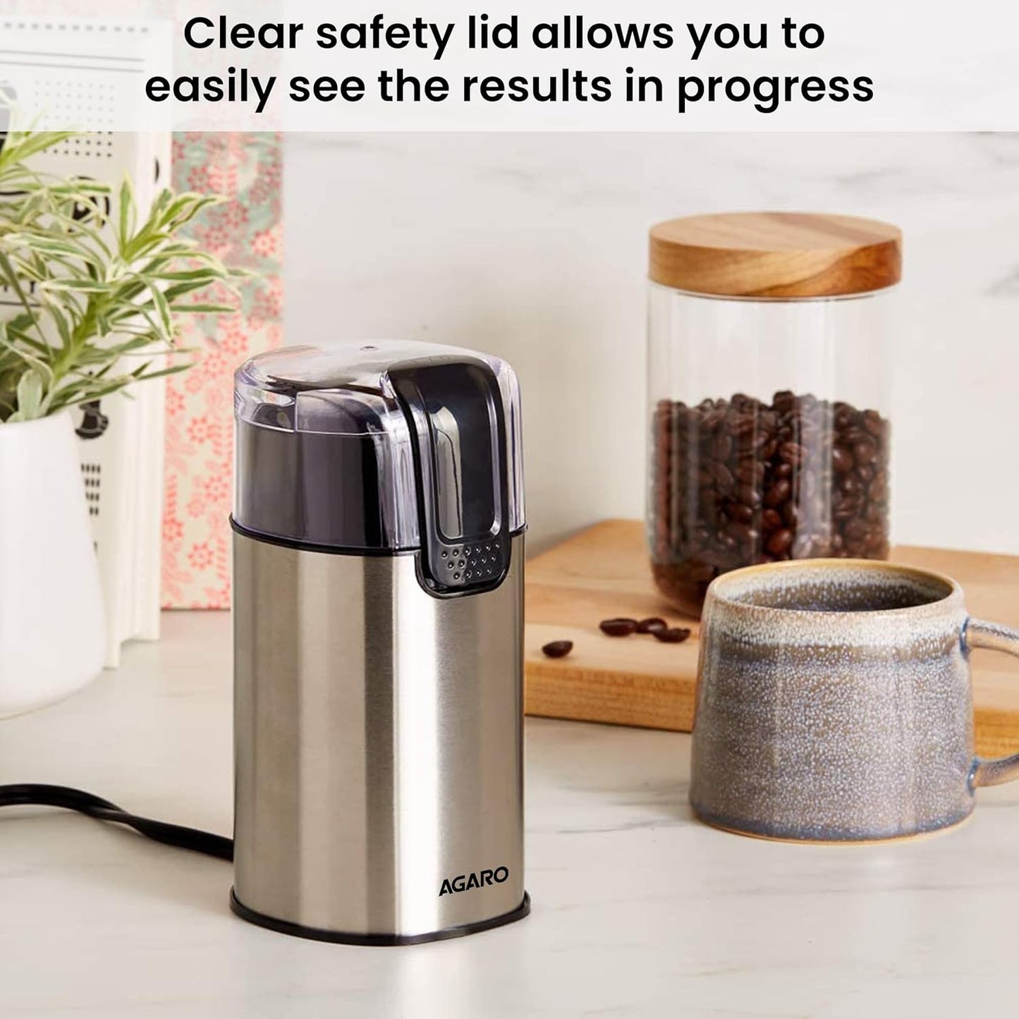 AGARO Grand Electric Coffee Grinder | Grinds up to 60 Grams Dry Coffee Beans | Portable | Silver |