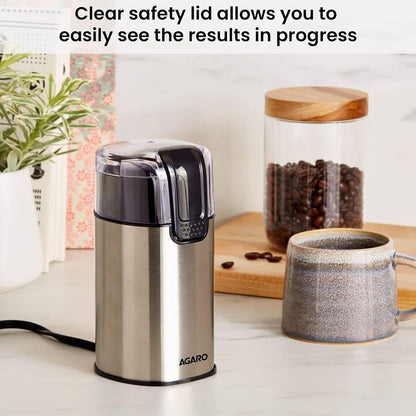 AGARO Grand Electric Coffee Grinder | Grinds up to 60 Grams Dry Coffee Beans | Portable | Silver |