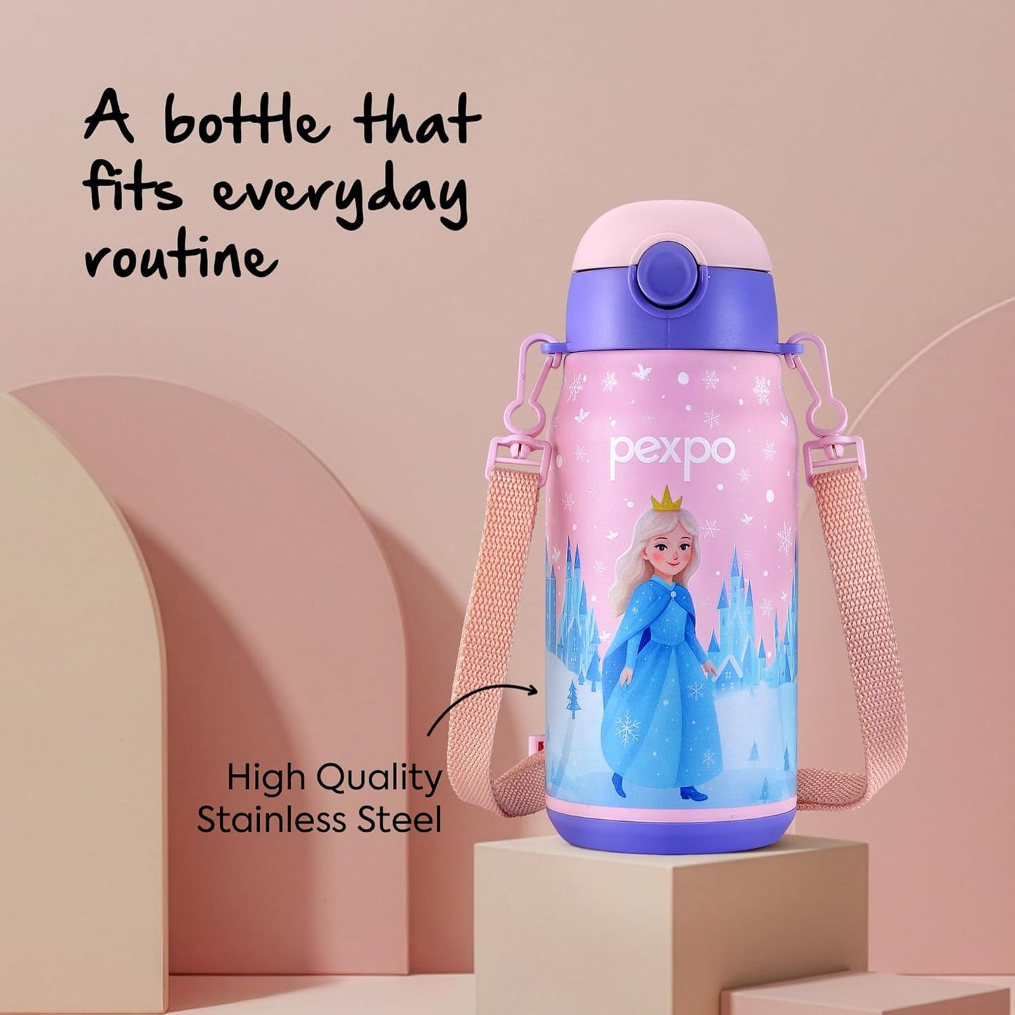 Pexpo Poggo Stainless Steel Water Bottle | 450ml | Pink Frozen Doll |