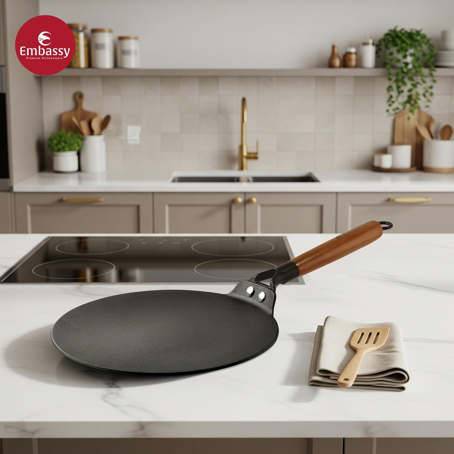 Embassy Touchstone Cast Iron Roti Tawa with Wooden Handle | Induction & gas Stove Compatible |