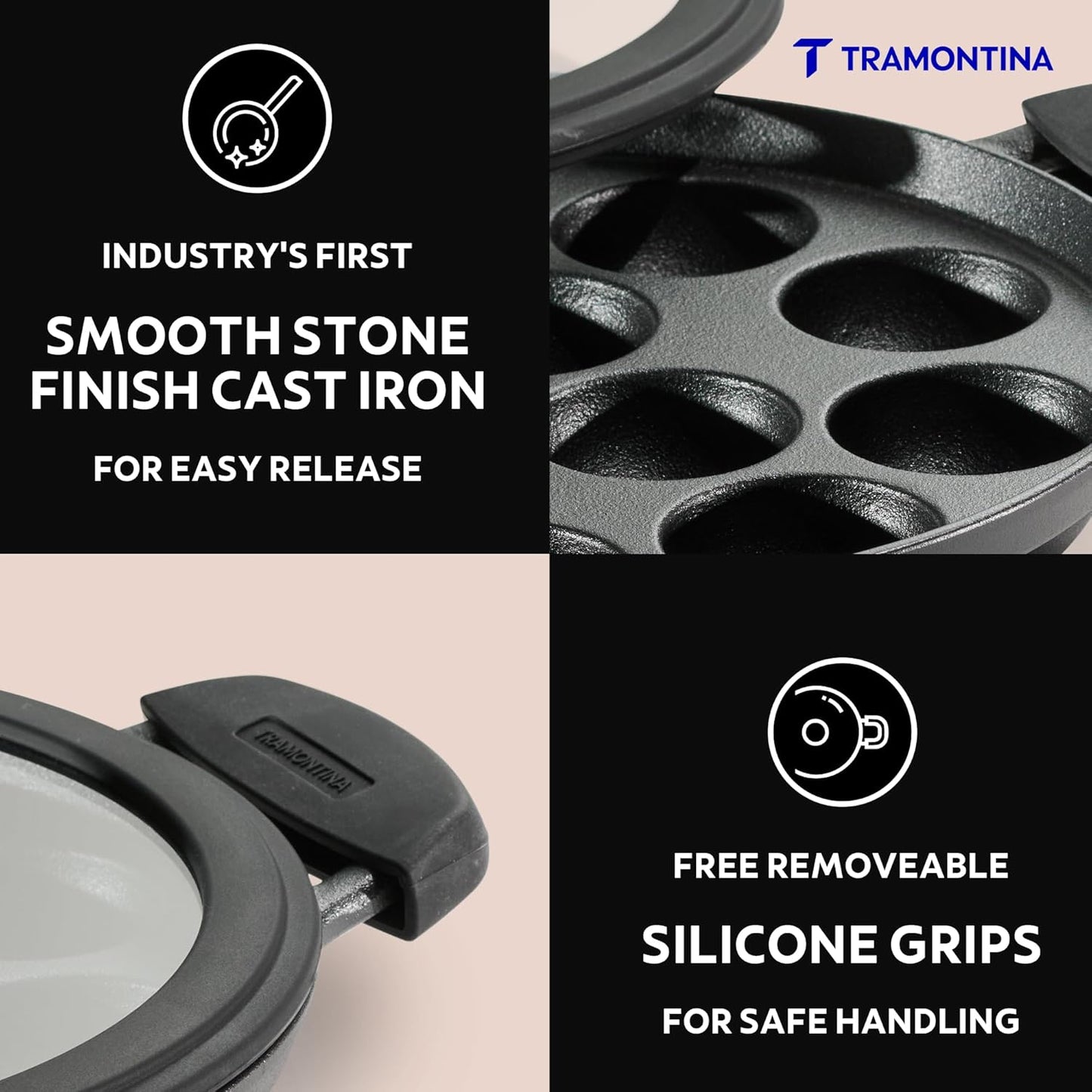 Tramontina Titanex Pre-Seasoned Cast Iron Paniyaram | 12 Pitx | 26 cm | Toughned Glass Lid |