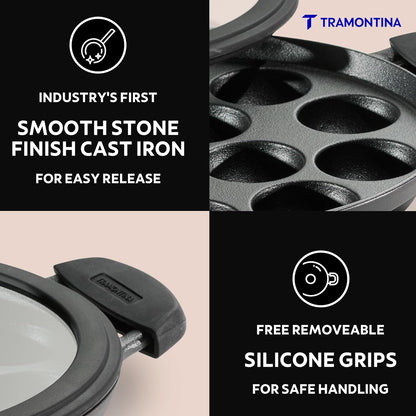 Tramontina Titanex Pre-Seasoned Cast Iron Paniyaram | 7 Pitx | 20 cm | Toughned Glass Lid |