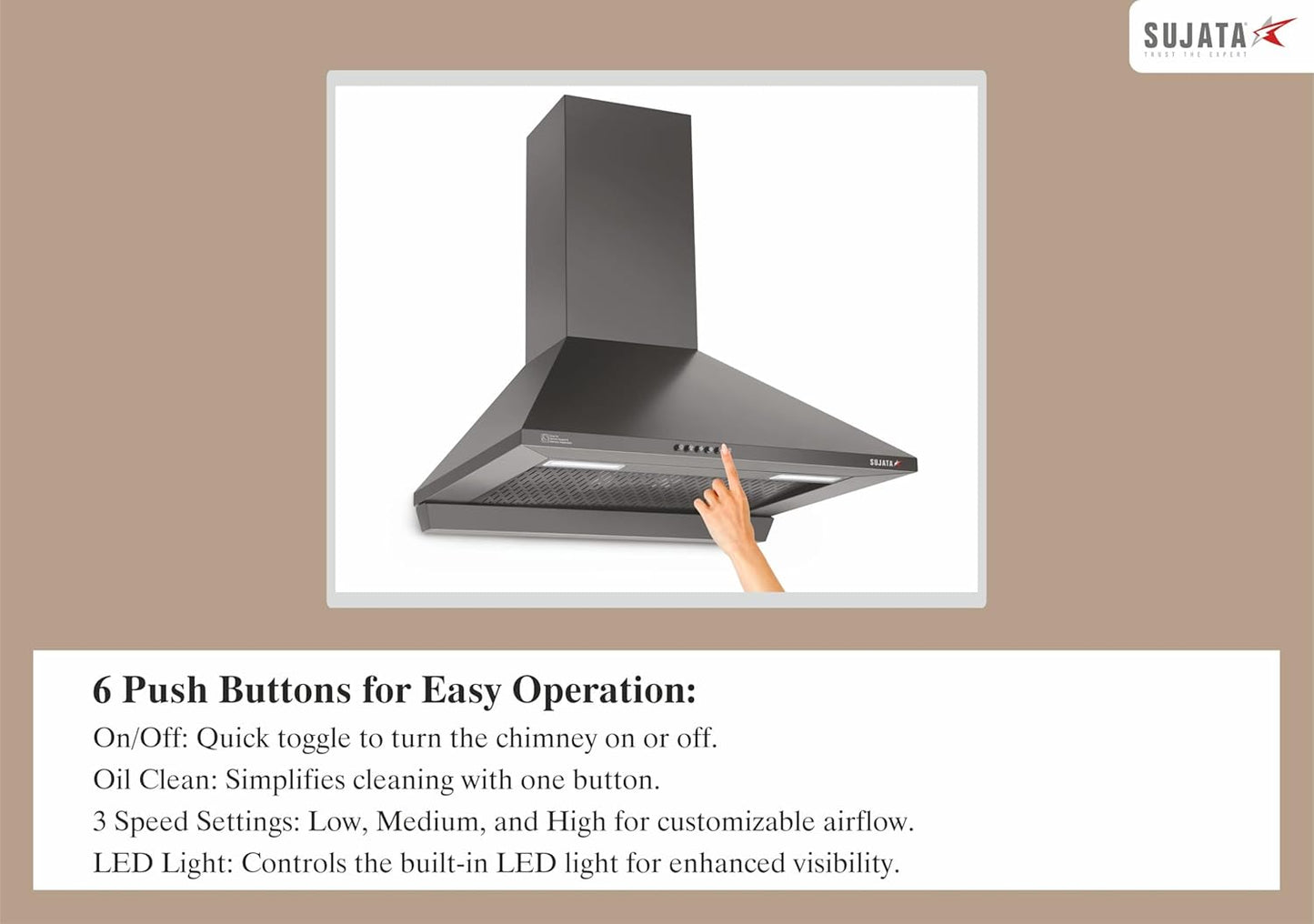 Sujata Onyx 60cm Chimney | 1250 m³/hr Powerful Suction | 200W Motor | Auto Clean Filterless Chimney for Home Kitchen |