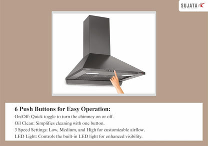 Sujata Onyx 60cm Chimney | 1250 m³/hr Powerful Suction | 200W Motor | Auto Clean Filterless Chimney for Home Kitchen |