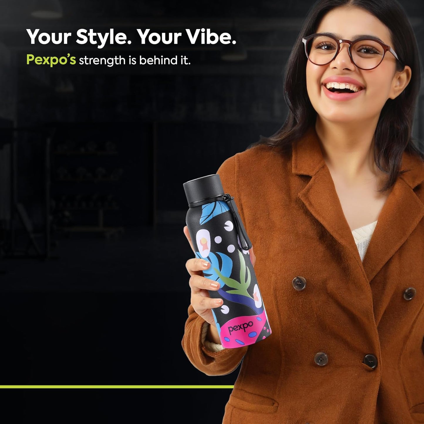 Pexpo Bravo Stainless Steel Water Bottle | 700 ml | Black Leaf-Printed | Hot & Cold |